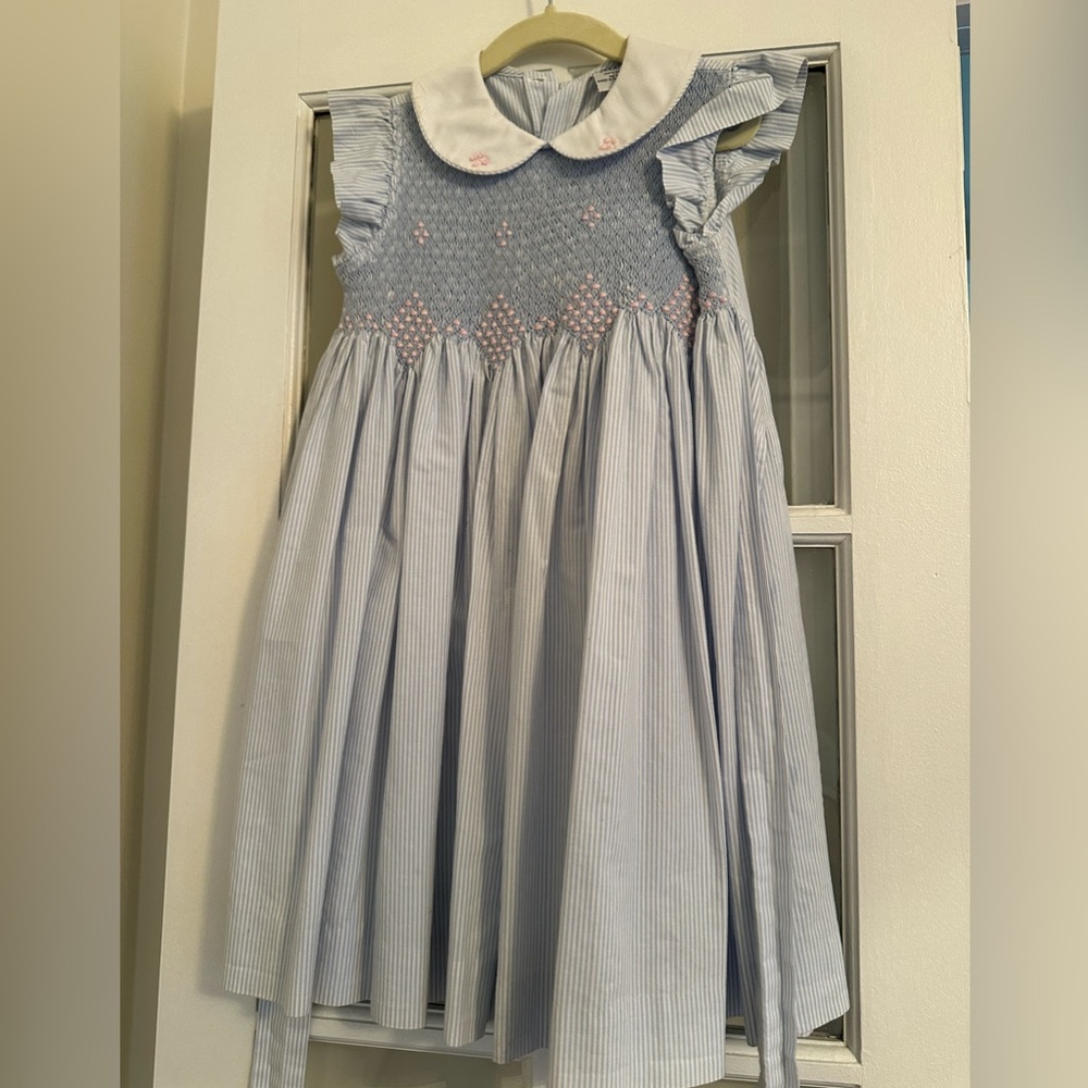 Blue white and pink girls smocked dress, size 4, perfect condition